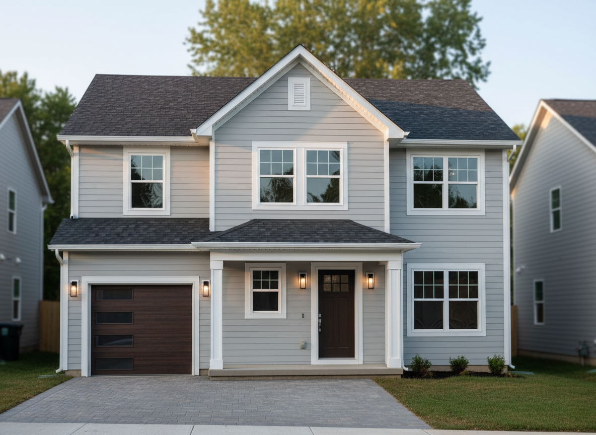 A meticulously maintained two-story suburban home with light gray siding, dark charcoal roof, and tightly sealed windows, viewed from the driveway at eye level. The exterior shows subtle details like new weatherstripping, upgraded LED porch lighting, and a modern, well-insulated garage door. Soft late-afternoon natural light creates gentle shadows along the facade, highlighting the crisp lines and intact caulking around the frames. In the background, neighboring houses blur slightly, emphasizing this energy-efficient home as the focal point. The atmosphere feels secure and reassuring, suggesting lower utility bills and improved comfort. Photographic realism with a clean, modern aesthetic, captured with a moderate depth of field to keep the entire house in sharp, professional focus.