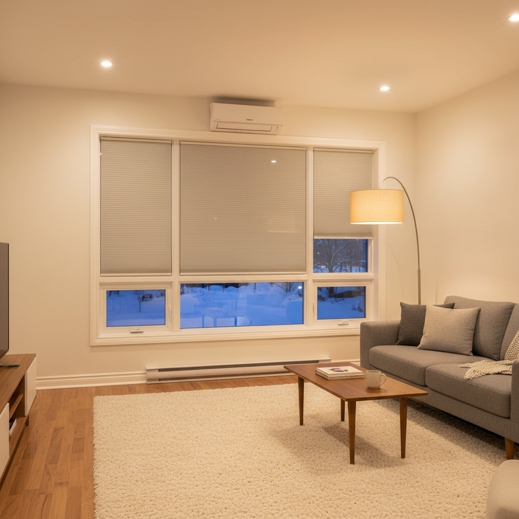 A modern living room interior on a winter evening, showing a large triple-pane window with tightly closed, insulated cellular shades, a sleek, wall-mounted mini-split heat pump, and carefully sealed baseboards. The walls are painted a soft warm white, with medium-toned hardwood floors and a thick area rug adding visible comfort. Outdoor snow is visible as a soft blur beyond the glass, but the interior appears cozy and well-lit by a combination of warm recessed ceiling lights and a floor lamp. The lighting creates a gentle glow, with subtle reflections on the window glass indicating its multiple panes. Photographic realism from a slightly elevated, wide composition, with sharp focus across the room. The overall mood is comfortable, secure, and efficiently warm without any visible drafts.