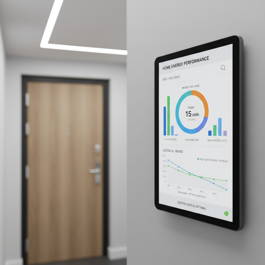A detailed smart home energy monitoring dashboard displayed on a sleek, wall-mounted tablet in a minimalist hallway. The interface shows colorful, clearly segmented graphs of real-time energy use, historical trends, and improved efficiency after an audit, with labeled sections for heating, cooling, lighting, and appliances. The hallway walls are smooth and light-colored, with a simple, well-insulated exterior door visible in soft focus behind the tablet, featuring a multi-point lock and perfect weatherstripping. Indirect, cool-white LED ceiling lighting gently illuminates the scene, creating a clean, professional feel with minimal shadows. Photographic realism at eye level with shallow depth of field, keeping the tablet and its graphics razor sharp while the background softly blurs. The atmosphere is modern, analytical, and reassuring, highlighting data-backed home performance improvements.