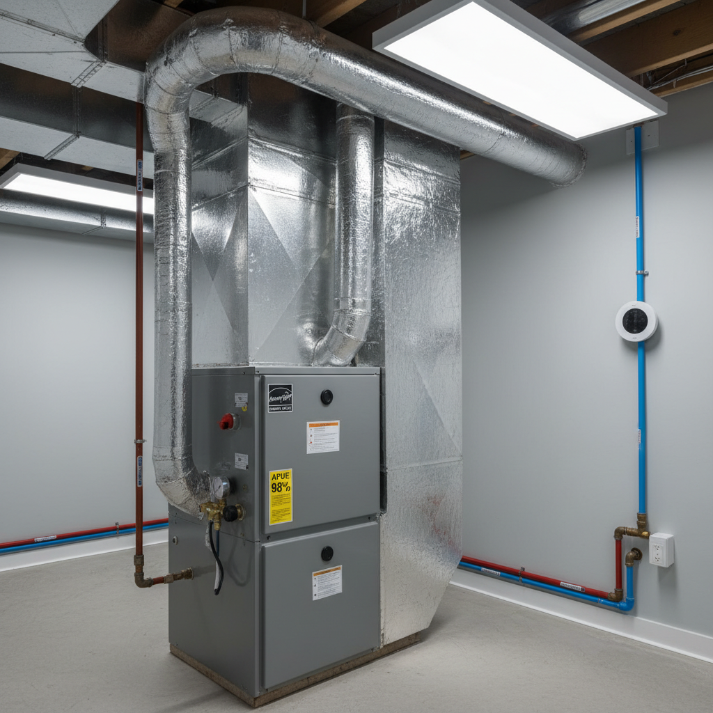 A detailed close-up of a high-efficiency gas furnace and insulated ductwork in a clean, well-organized basement utility room. The metal surfaces of the furnace are smooth and brushed, with clearly visible energy rating labels and diagnostic ports, while the ductwork is tightly wrapped in silver reflective insulation with neat seams. Overhead LED shop lights cast bright, even illumination, creating crisp reflections and soft shadows that emphasize the precision of the installation. The concrete floor is spotless, with labeled piping and a neatly mounted smart thermostat hub on the adjacent wall. Shot at a slightly low angle in photographic realism, with sharp focus throughout, the mood is professional, technical, and trustworthy, highlighting the thoroughness of a building energy diagnostic.