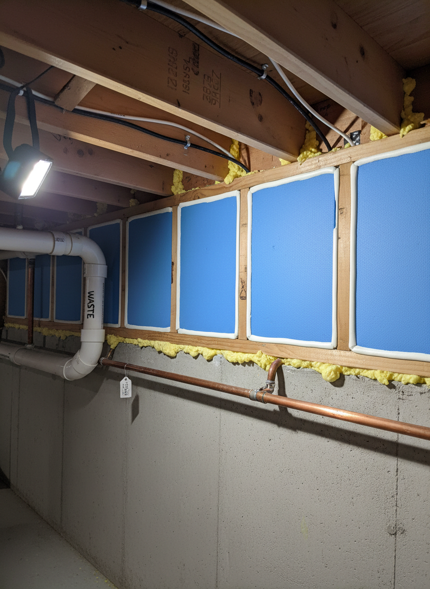 A basement rim joist area expertly air-sealed, showing clear blue foam board insulation tightly fitted between joists and neatly caulked edges, with additional spray foam sealing small gaps. The surrounding structural lumber looks dry and well-maintained, with labeled pipes and neatly routed electrical cables. Bright, focused LED work light illuminates the corner, creating well-defined shadows that show texture in the foam and wood grain. The concrete foundation wall is lightly painted, emphasizing cleanliness and professionalism. Photographic realism with a close-up, slightly angled composition, sharp focus on the sealed assembly, and a subtle blur toward the deeper basement area. The mood is precise, technical, and quietly impressive, demonstrating the hidden diagnostic work that improves comfort and reduces air leakage.