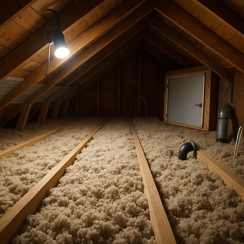 An attic space showcasing thick, evenly distributed cellulose insulation between wooden joists, with clear air baffles and air-sealed penetrations around vents and wiring. The insulation appears fluffy and dense, in light beige tones contrasting with the warm, aged wood of the rafters. A single, efficient LED work light clipped to a rafter provides bright, focused lighting, casting defined yet soft-edged shadows that reveal texture and depth. In the distance, a sealed and insulated attic hatch stands slightly ajar, demonstrating proper weatherstripping. Captured from a low, slightly wide-angle perspective in photographic realism, the composition emphasizes the depth of the attic and the continuous insulation layer. The mood is calm and confident, communicating hidden improvements that enhance comfort and reduce energy bills.